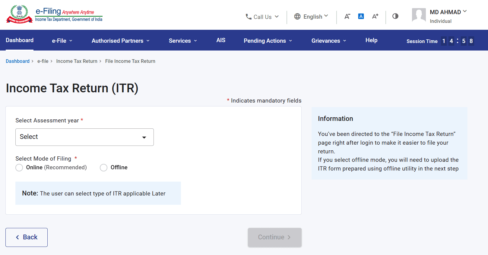 Income Tax dashboard after login