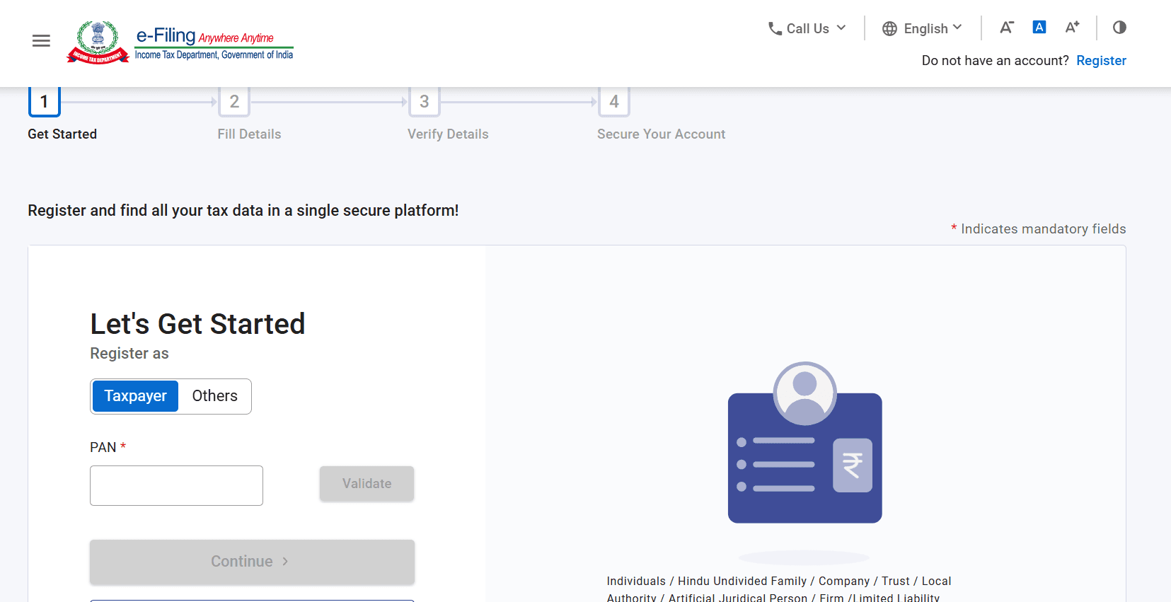 Income Tax portal registration page for new users